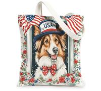 250 Years Rough Collie Dog - Bolsa de lona para ir de compras de 13 x 15 pulgadas, bolsa de hombro reutilizable con ventana americana para mujeres, decoración de regalo para pintura del 4 de julio