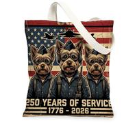 250 Years Yorkies Dog Bolsa de lona para ir de compras de 13 x 15 pulgadas, bolsa de comestibles reutilizable para mujer, diseño patriótico de trabajo, viajes, pintura, decoración de regalo