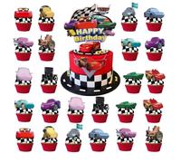 25Pcs Racing Car Cake Toppers for Boys, Happy Birthday Cupcake Toppers, Car Party Decorations Set, Cartoon Movie Themed Party Supplies for Kids Boys Girls