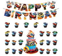 26 decoraciones de cumpleaños de Cars, decoración para tartas de Hot Wh-els para niños, pancarta de cumpleaños con texto en alemán "Alles Gute zum Geburtstag-Banner, Rennwagen Thema Alles füf Kinder