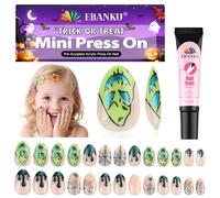 26 piezas de uñas postizas a presión de Halloween para niños, kit de uñas postizas de EBANKU Kid con telaraña verde, pesadilla para niñas de 7 a 12 años con pegamento de uñas