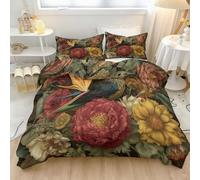 260 x 240 cm Juego de Funda nórdica Reversible, Cama 180,Estilo William Morris Flores Pájaros Verde Rojo Funda nórdica con Estampado, 4 Lazos en Las Esquinas y 2 Fundas de Almohada