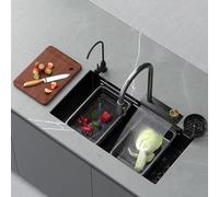 27.1"-30.7" Workstation Single Sink with Pull-out Faucet Black-Grey Vegetable Basin & Chopping Board Combo for Efficient Dishwashing & Meal Prep