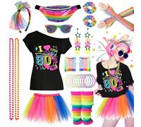 27 Pieces 80s Costume Accessories Disco Evening Dress 90s Neon Light T-Shirt Tutu Bracelet Fanny Pack Glasses Bracelet Necklaces Leg Warmer Women Outfit Year Theme Party