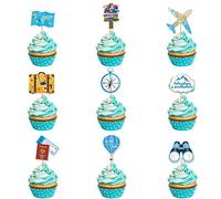 27 piezas de viaje temático cupcake toppers avión deja que comiencen las aventuras, decoración para tartas para viajes de cumpleaños, graduación de pensiones, carrera, cambio de baby shower,
