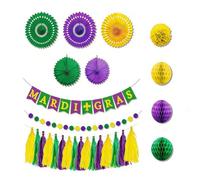 27-teiliges Mardi-Gras-Deko-Set - Glitzer-Banner, Papierfächer & Pompons in Gold, Lila & Grün für Karneval, Fasching und New-Orleans-Mottoparty