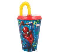 2751; vaso con caña figura spiderman; producto de plástico, reutilizable; No BPA; capacidad 430 ml;