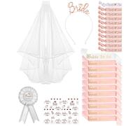 27PCS Despedida de Soltera Accesorios, Novia to Be y Team Bride Pulsera Set con Velo Novia, Diadema Tiara, Insignia, Bride to be y Team Bride Sash, Pulsera, para Novia Decoración Despedida de Soltera