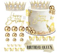 28 PCs Decoración para Tartas, Corona para Tarta de Cristal Blanco, Bolas Cake Topper, Happy Birthday Cake Topper, Decoración de 3D Mariposas para Tartas, etc. para Cumpleaños, Fiesta Princesas