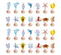 28 piezas de decoración para cupcakes de animales del océano, decoración de fiesta temática del océano, tortuga, delfín, pulpo, magdalenas bajo el mar, decoración de pastel de cumpleaños para niños,