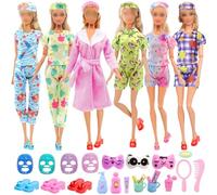 28 piezas de ropa y accesorios para muñecas, 5 pijamas, albornoz, 7 máscara, 3 pantuflas, 13 accesorios de baño, ropa de dormir y accesorios compatibles con muñeca Barbie de 11.5 pulgadas, regalos de