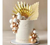 28 Piezas Decoracion Tartas Cumpleaños, Decoracion de Pastel Bolas Oro y Blanco, Cake Toppers Hojas de Palma, Adornos para Tartas Boho, para Cumpleaños, Bodas, Baby Shower (A)