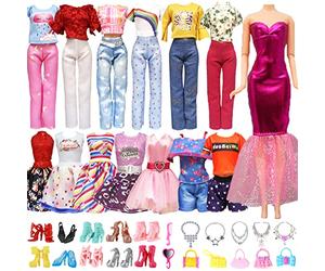 28 Piezas Ropa Compatibles con Barbie 11.5 Pulgadas Muñeca, 3 Vestidos de Moda 3 Prendas Informales (Tops y Pantalones) 10 Pares de Zapatos 12 Accesorios, Adecuado para Navidad