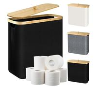28L Cesta para Papel Higiénico con Tapa de Bambú, Cesta de Almacenamiento de Papel Higiénico de Bambú Plegable, Impermeable Organizador de Baño, Organizador de Papel Higiénico para 9-12 Rollos (Negro)