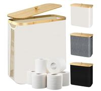 28L Cesta para Papel Higiénico con Tapa de Bambú, Cesta de Almacenamiento de Papel Higiénico de Bambú Plegable, Impermeable Organizador de Baño, Organizador de Papel Higiénico para 9-12 Rollos (Beige)
