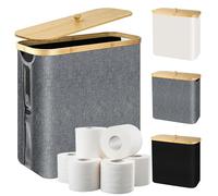 28L Cesta para Papel Higiénico con Tapa de Bambú, Cesta de Almacenamiento de Papel Higiénico de Bambú Plegable, Impermeable Organizador de Baño, Organizador de Papel Higiénico para 9-12 Rollos (Gris)