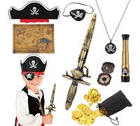 29 Piezas Accesorios para Disfraz Pirata,Pirata Sombrero Parche de Ojo de Pirata Brújula Collar Monedas Mapa,Disfraz de Capitán pirata para Halloween Carnaval Niños Niñas Hombre
