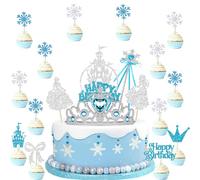 29 piezas de adornos para tartas infantiles Frozen Crown Snowflake Sticks, adornos para tartas de cumpleaños con castillos de nieve en azul y plata, Elsa y Cenicienta para fiestas de cumpleaños.