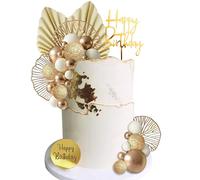 29 Piezas de Decoración para Tartas Bohemias,decoración para tarta de boda,Bolas Decorativas en Oro y Blanco,Hojas de Palma Doradas y Topper 'Happy Birthday',para Fiestas y Celebraciones Especiales