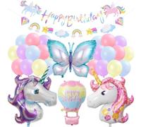 29 Piezas Set Globos Unicornio Cumpleaños para Celebraciones Infantiles | Set de Decoración Fiesta de Unicornia Globos Unicornio, Globo Mariposa y Globo Aerostático, Guirnalda, Globos Lámina y Látex