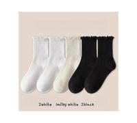 (2bai1nb2hei)Women Breathable Ruffle Trim Ankle Socks 5 Pairs Lot Mid Calf Socks Uses for School Office Spring Fall Wear