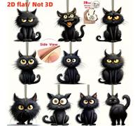 2D, Juego de 10 piezas, Madera artificial reciclada, Patrones de gato , Adornos colgantes de madera navideños hechos a - Regalo para , Regalo de Halloween, Regalo de Navidad, con cuerda de cáñamo, 2D