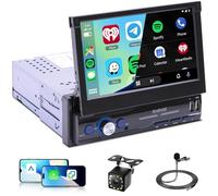 2G+64G Android Radio Coche 1 DIN Carplay Inalámbrica Android Auto 7 Pulgadas Retráctil Manual Pantalla con Mirror Link Bluetooth FM/RDS EQ WiFi Navegación GPS USB Control del Volante Cámara Trasera