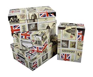 2J Londres,set de 3 cajas de almacenamiento de cartón impreso Decoración UK, Inglaterra, Londres con ángulos y asas de metal. Medidas: An 36x25x13,5 cm - M 33,5x23x13 cm - S 31,5x22x12 cm