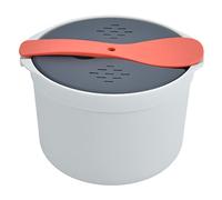 2L Olla Arrocera para Microondas, Arrocera Guisada Microondas Cocina Cocinar Arroz Contenedor de Alimentos Redondo con Cuchara Apta Grado Alimenticio PP a Presión Tapa Colador Olla(Naranja)
