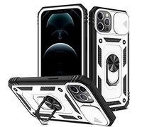 2ndSpring Funda Compatible con iPhone 12 Pro MAX 6.7,Carcasa Cubierta de cámara Deslizante Proteger 360 Full Protección Anillo Soporte Bumper Case Cover,Blanco Negro