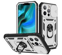 2ndSpring Funda Compatible con iPhone 13 Pro MAX 6.7,Carcasa Cubierta de cámara Deslizante Proteger 360 Full Protección Anillo Soporte Bumper Case Cover,Blanco Negro