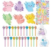 2ooya Axolotl Stationery Party Favors - Juego de 24 bonitas pegatinas, notas y bolígrafos con bolsas de organza para cumpleaños, bloc de notas autoadhesivo colorido para escritura escolar, regalo de