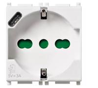 VIMAR 14210.USB Plana toma 2 módulos SICURY 2P+T 16A 250V universal estándar italiano P40 y salida USB tipo C 5V y 3A para carga rápida, blanco