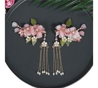 2Pair Flower Hairpins Side Clips Retro Chinese Fashion Fringe Jewelry Long Tassel Pendant Headpiece For Women Hanfu Dress(Color7)