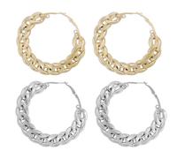 2Pairs Chunky Cuban Chain Link Hoop Earrings for Women, Gold & Silver Punk Hip Hop Large Circle Statement Earrings, Bold Fashion & Gift Jewelry