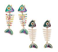 2Pairs Colorful Fishbone Dangle Earrings for Women, Rhinestone & Pearl-Encrusted Fish Bone Earrings, Fun Ocean-Inspired & Daily Wear Jewelry