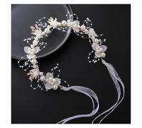2pc Bride Headband Pearl Flower Wreath Super Fairy Princess Hair Accessory Ribbon(Color1)
