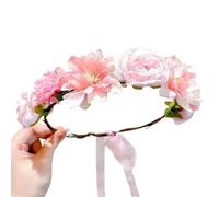 2pc Fascinating Artificial Flower Fairy Crown Bride Wedding With Ribbon Headbands Headpiece Braided Wreath(Color1)