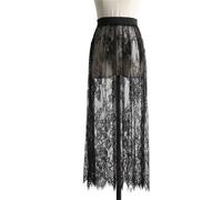 2pc Fashion Transparent Sexy Lace Mesh Skirt Elegant Long Tulle Elastic High Waist 2 Length Womens Ladies(80CM Black,L)