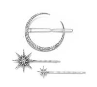 2pc Geometric Stars Moon Rhinestone Hair Clip Set Snowflake Star Bride Hairpins Women Side Barrettes Accessories(Silver 3 Piece Set)