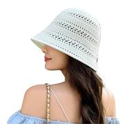 2pc Handmade Crochet Floppy Summer Hats Collapsible Dome Bucket Hat Hollow out Solid Color Beach Caps Simplicity Soft Women(White)