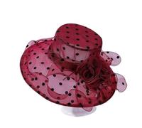 2PC señoras elegante flor sombreros for misa verano gran ala ancha Fedora sombrero for mujer Organza playa sol(Wine red)