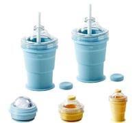 2pcs 2-in-1 Portable Foldable Ice Hockey Cup with Straw & Lid,Ice Ball Mold,Collapsible Silicone Ice Cube Beverage Cup,Reusable,Easy Demolding,for Coffee,Juice,Travel,Hiking,Camping,Office (Blue)