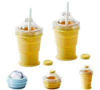2pcs 2-in-1 Portable Foldable Ice Hockey Cup with Straw & Lid,Ice Ball Mold,Collapsible Silicone Ice Cube Beverage Cup,Reusable,Easy Demolding,for Coffee,Juice,Travel,Hiking,Camping,Office (Yellow)