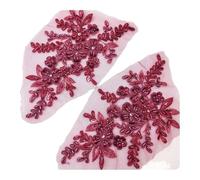 2PCS 21 * 22CM 3D Beaded Flower Gown Appliques Sewing Patch Lace Sequin Embroidery Applique Sew On Patches for Dresses para Coser(Red1)