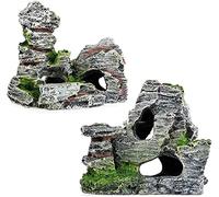 2pcs Acuario Rock Cave Decoración con Hierba Verde para Peces Camarones Ocultar Acuario Decoración Acuario Resina Acuario Acuario Cueva Mountain View, 11 x 9 x 11 cm, 10 x 5,5 x 10 cm.