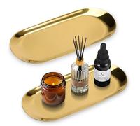 2Pcs Bandejas Decorativas, Bandeja Dorado de Acero Inoxidable, Bandeja Baño Pequeña Ovalada Elegante Acabado Pulido, Bandeja Decorativa Centro de Mesa para Joyería Postres Merienda Café Clave