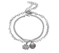 2Pcs Boho Multi-Capa Lotus Shell Hollow Heart Tobillera Pulsera Mujer Joyería Día de San Valentín - Plata Elegante y popularDurability