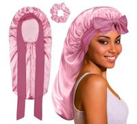 2Pcs Capó de Satén Largo,Gorro de Dormir de Seda para Mujer,Gorros Largo de Dormir con Banda Ancha Ajustable,Gorro para Dormironnet de Dormir Para Todo Tipo de Cabello,Suave y Cómodo(Rosa)