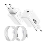 2PCS Cargador USB C 65W, Carga Rápida PD3.0 PPS Adaptador Portátil GAN II con Cable USB C Trenzado 2M, Compatible para MacBook Pro/Air, para iPhone 17/16/15, para Samsung Galaxy S25/S24/S23(Blanco)